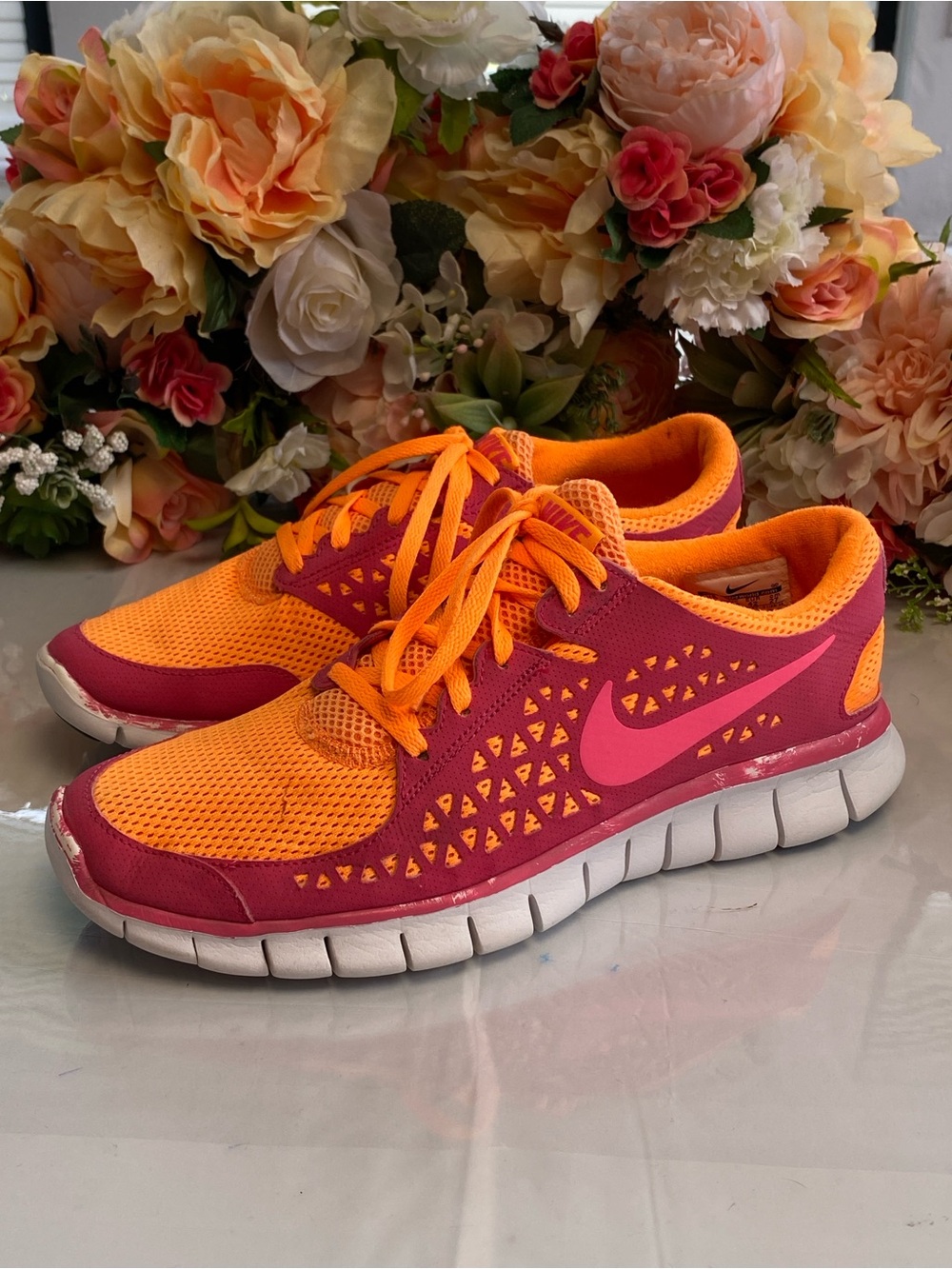Nike Free Run+ Mesh Running Shoes Orange Pink Womens 10 Lightweight 395914-866